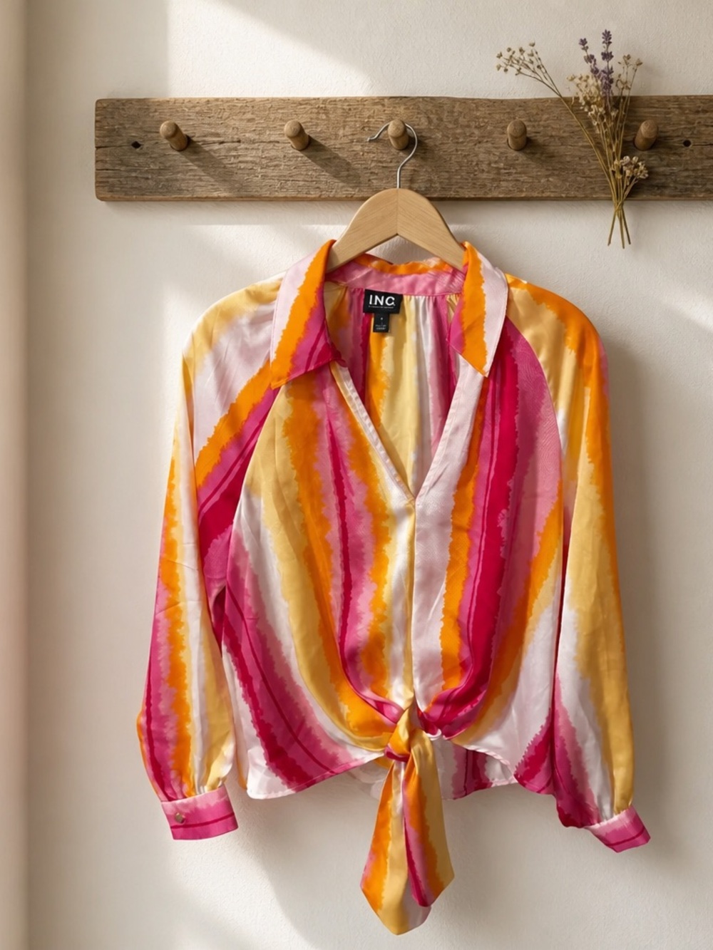 INC International Concepts Pink, Yellow & White Striped Tie-Front Blouse